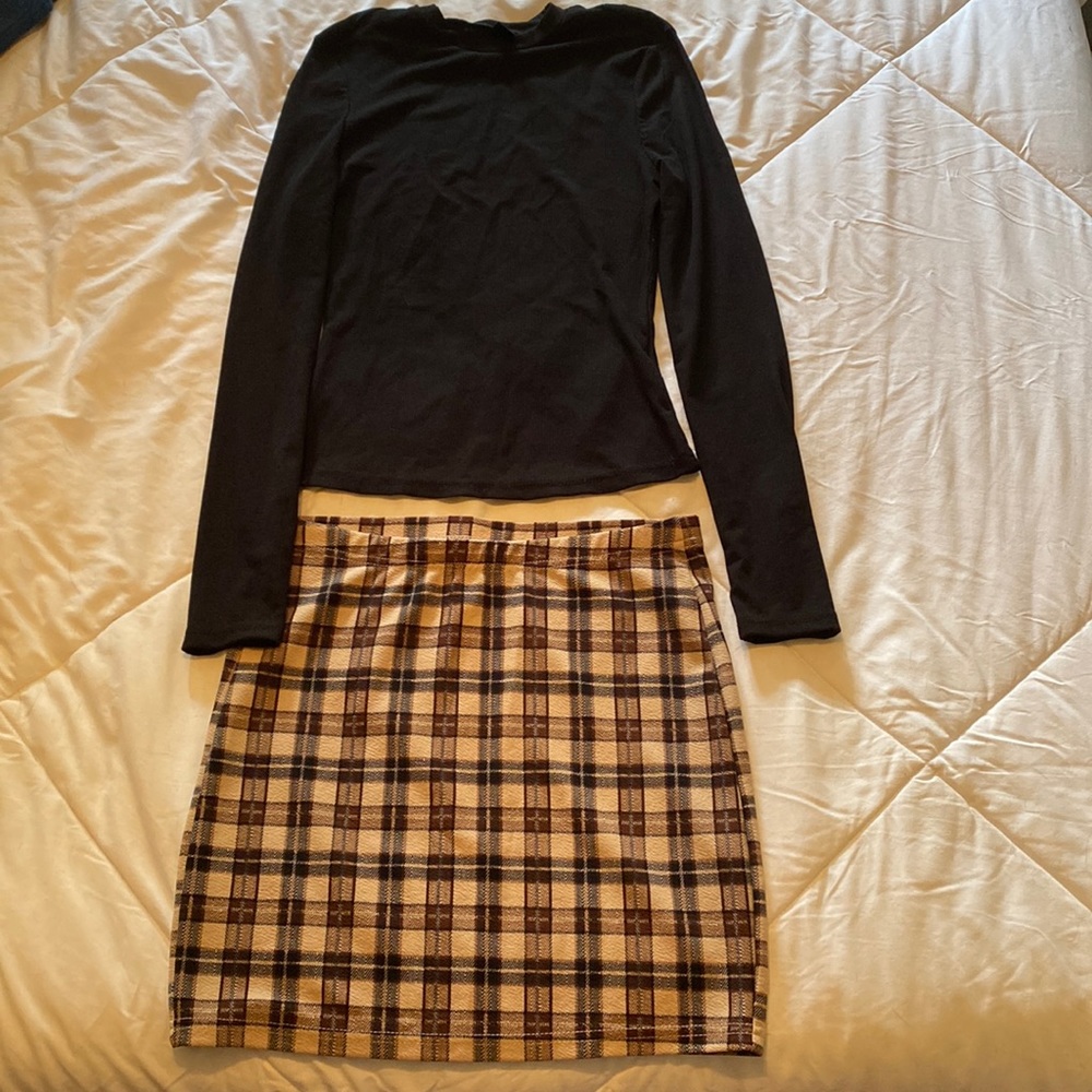 SHEIN Plaid Skirt / Long Sleeve Shirt Fall Outfit